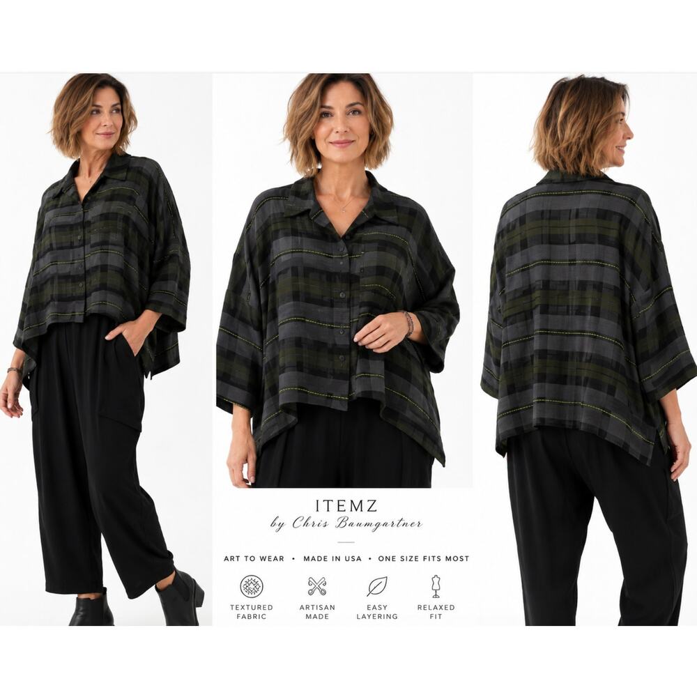 Itemz Chris Baumgartner Plaid Button Front Jacket Top OSFM Art To Wear USA